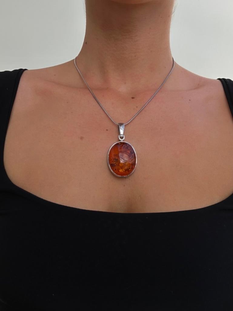 Large Silver Amber Pendant on Silver Chain - 2
