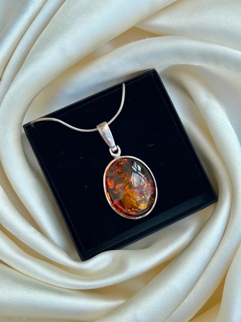 Large Silver Amber Pendant on Silver Chain - 3