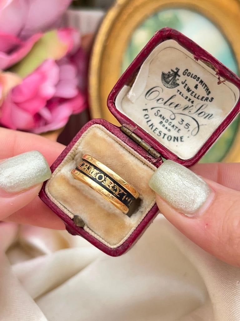Wide Antique 18ct Yellow Gold Black Enamel Mourning Band Ring in Antique Box: Wide Antique 18ct Yellow Gold Black Enamel Mourning Band Ring in Antique Box the most charming enamel ring “sam bolton dec 12 1818..” Measurements: size UK N1/2