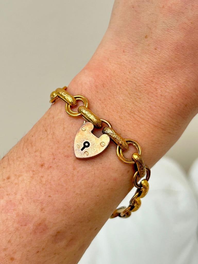 Antique 9ct Gold Bracelet with Heart Padlock - 2
