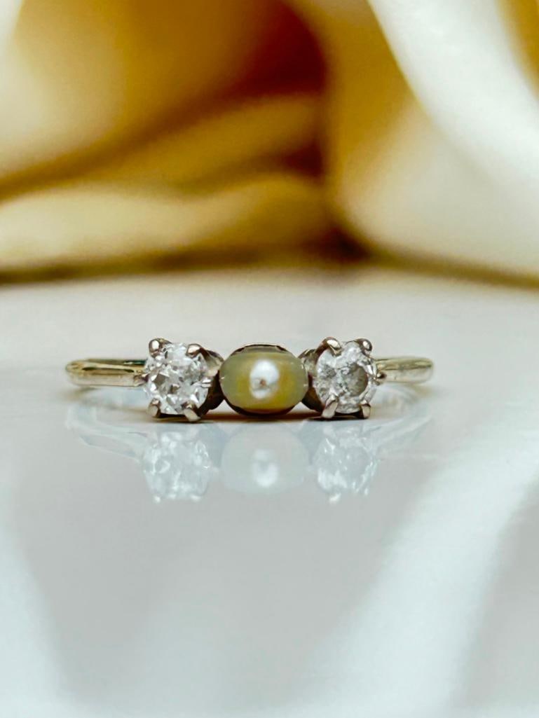Antique White Gold Pearl and Diamond 3 Stone Ring - 6