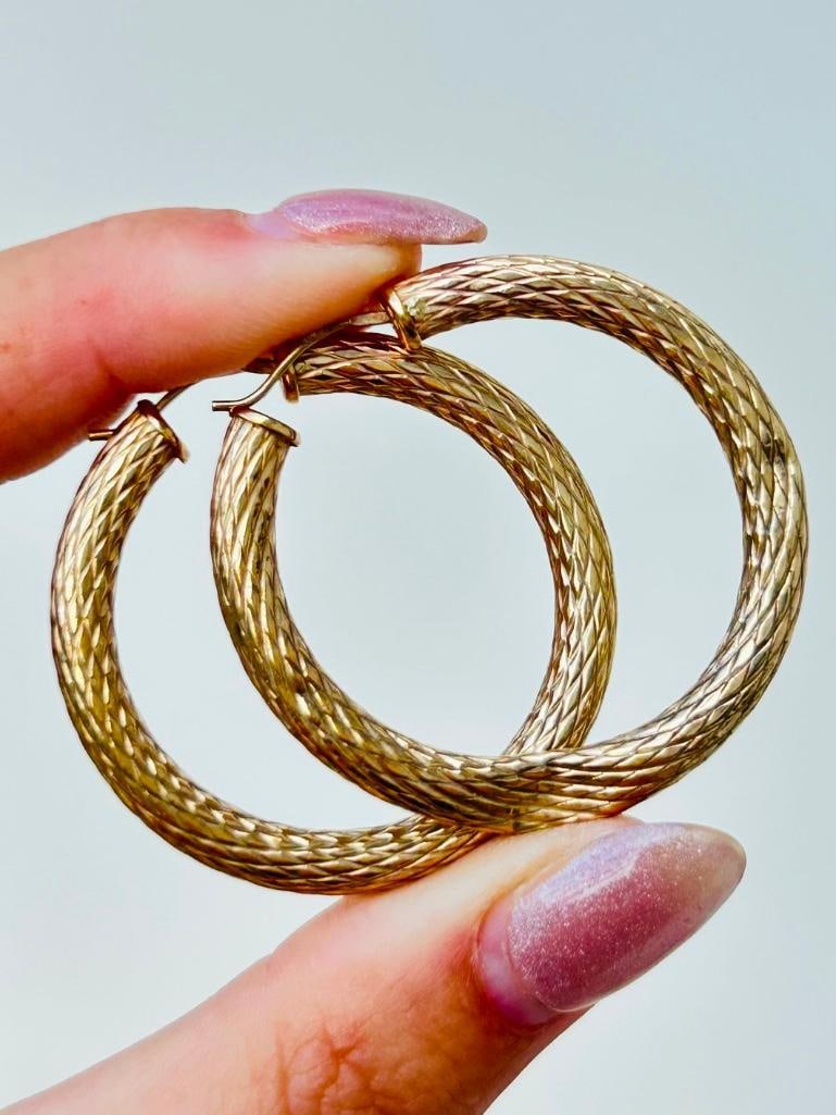 Huge 9ct Gold Hoop Earrings: Huge 9ct Gold Hoop Earrings one small dent see pics gorgeous everyday hoops! measurements size 40mm x 40mm weight 6.78g materials 9ct