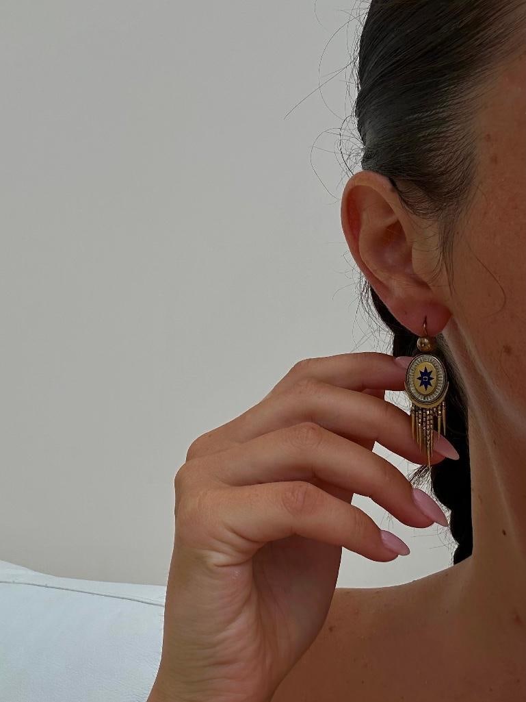 Antique Blue and White Enamel Star, Pearl and Tassel Brooch and Earrings Suite in Gold amazing anti - 2