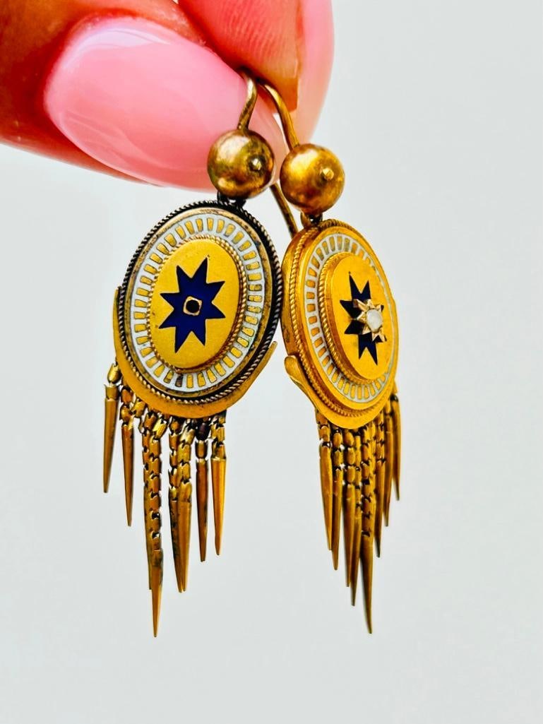 Antique Blue and White Enamel Star, Pearl and Tassel Brooch and Earrings Suite in Gold amazing anti - 4