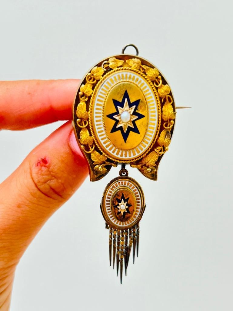 Antique Blue and White Enamel Star, Pearl and Tassel Brooch and Earrings Suite in Gold amazing anti - 5