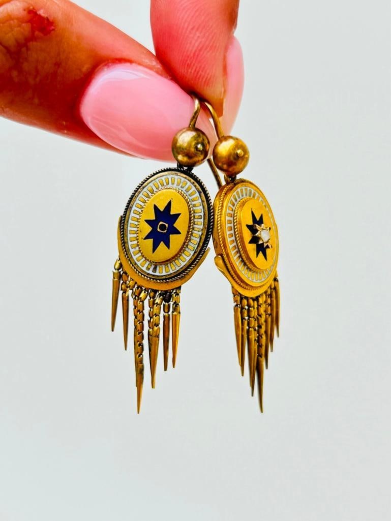 Antique Blue and White Enamel Star, Pearl and Tassel Brooch and Earrings Suite in Gold amazing anti - 7