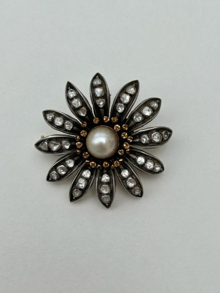 Antique Diamond and Pearl Large Flower Brooch - 3
