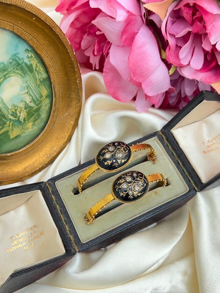 Rare pair of antique black enamel 18ct yellow gold and rose diamond bangle bracelet - 10