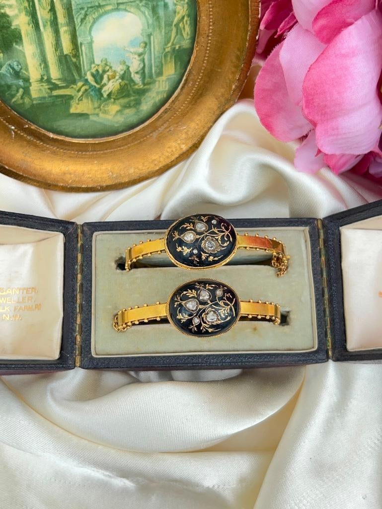 Rare pair of antique black enamel 18ct yellow gold and rose diamond bangle bracelet - 11