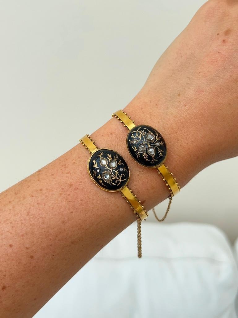 Rare pair of antique black enamel 18ct yellow gold and rose diamond bangle bracelet - 12