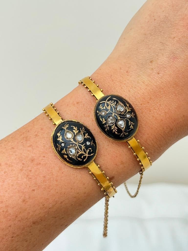 Rare pair of antique black enamel 18ct yellow gold and rose diamond bangle bracelet - 2