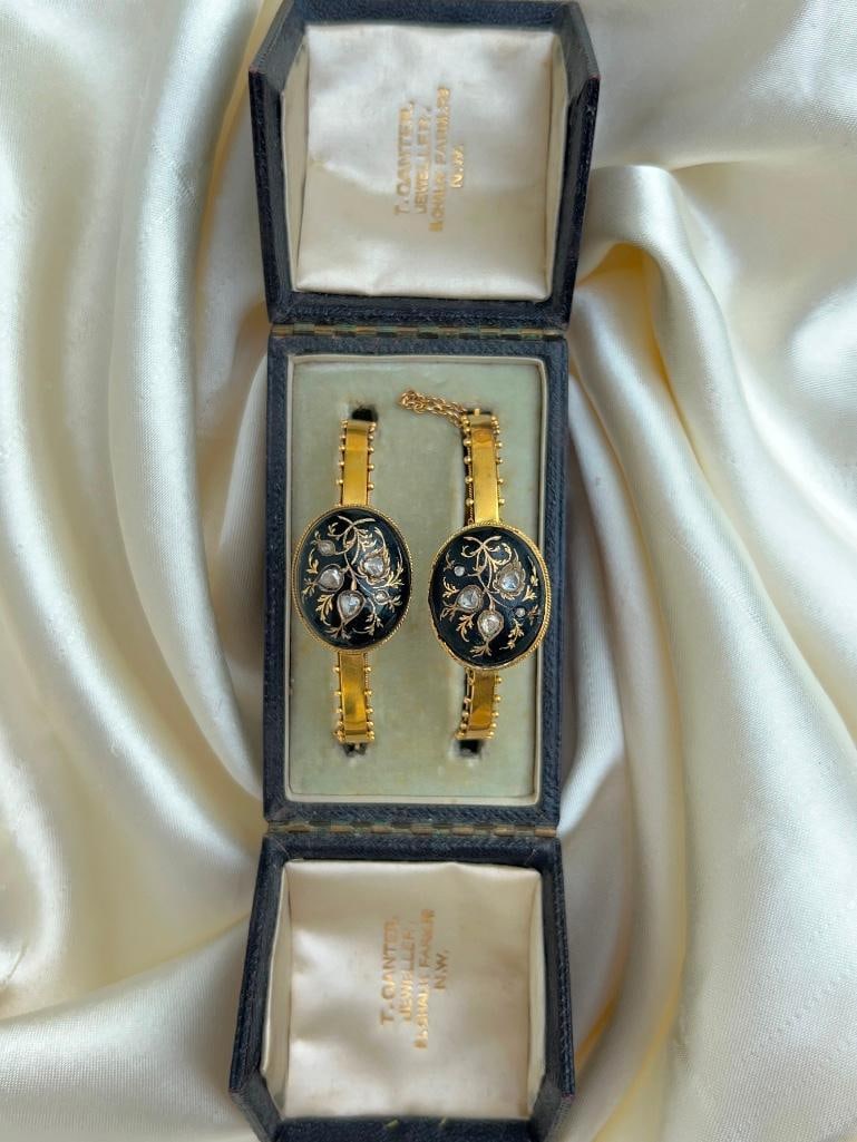 Rare pair of antique black enamel 18ct yellow gold and rose diamond bangle bracelet - 3