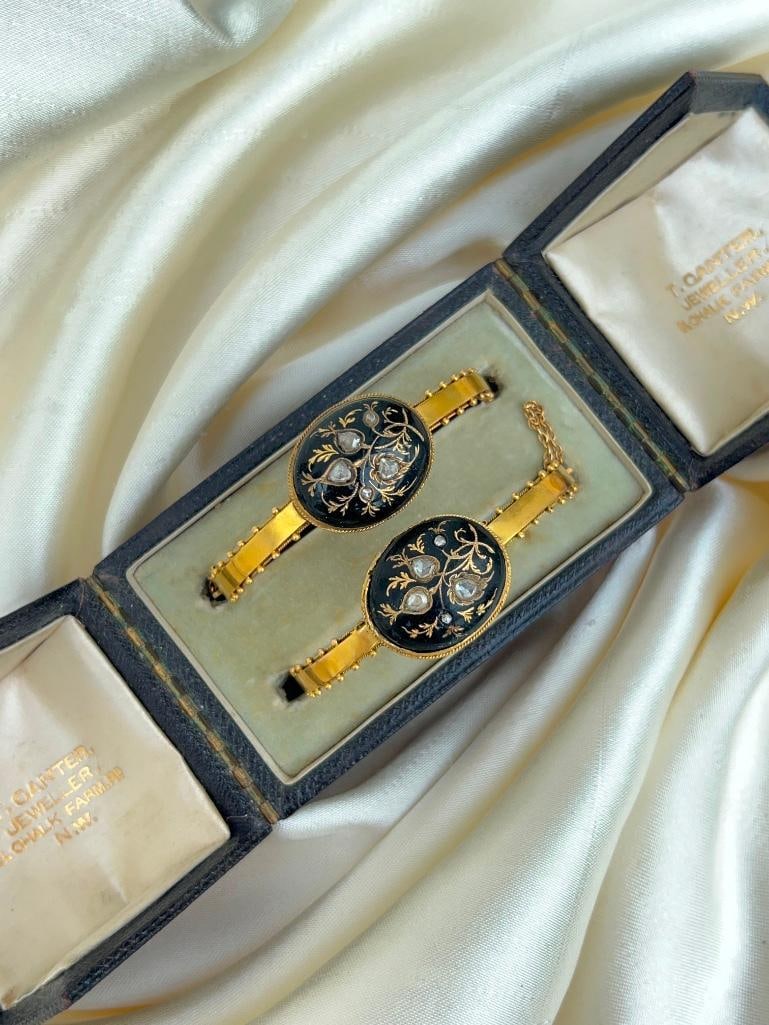 Rare pair of antique black enamel 18ct yellow gold and rose diamond bangle bracelet - 4