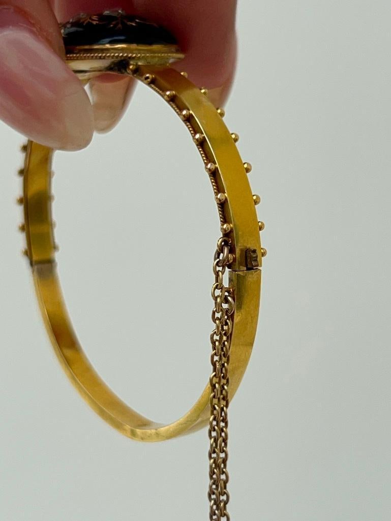 Rare pair of antique black enamel 18ct yellow gold and rose diamond bangle bracelet - 5