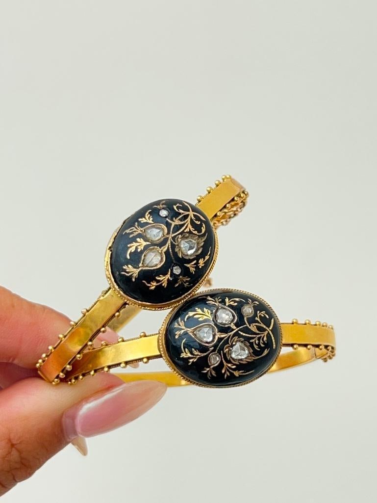Rare pair of antique black enamel 18ct yellow gold and rose diamond bangle bracelet - 7