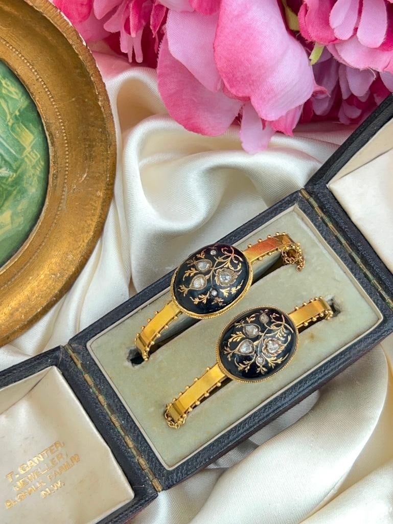 Rare pair of antique black enamel 18ct yellow gold and rose diamond bangle bracelet - 8