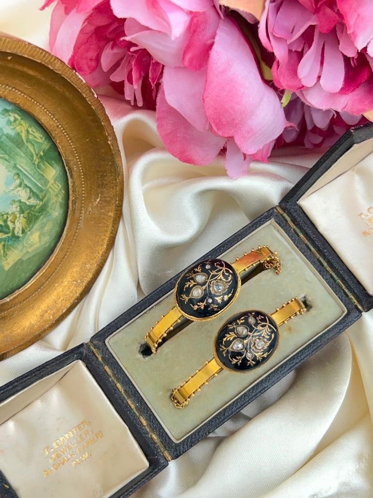 Rare pair of antique black enamel 18ct yellow gold and rose diamond bangle bracelet - 9