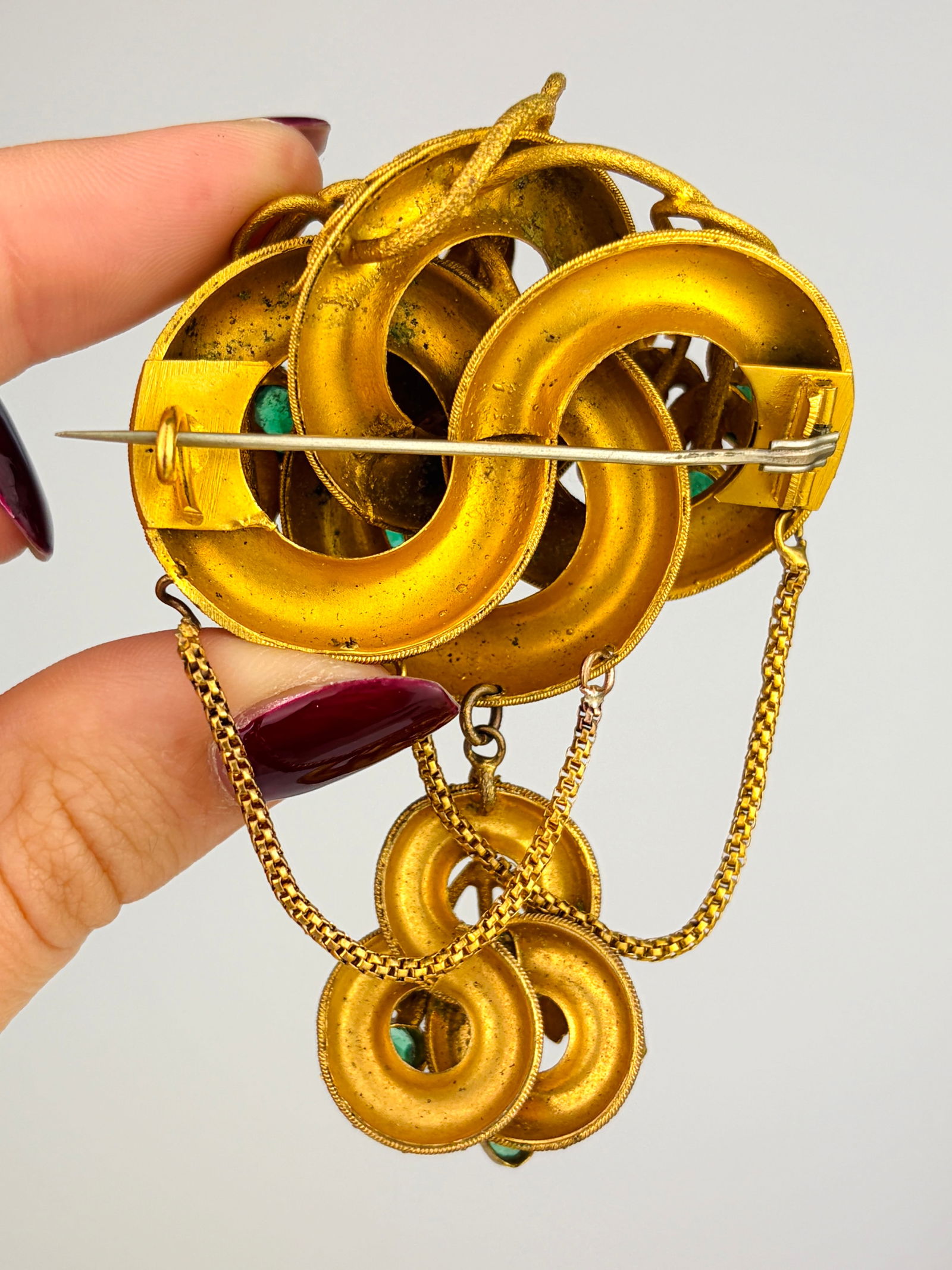 Fancy Extra Large Yellow Metal and Green Paste Brooch - 3