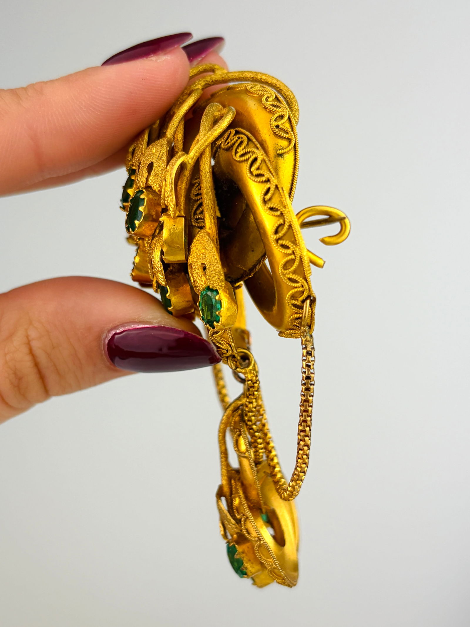 Fancy Extra Large Yellow Metal and Green Paste Brooch - 4