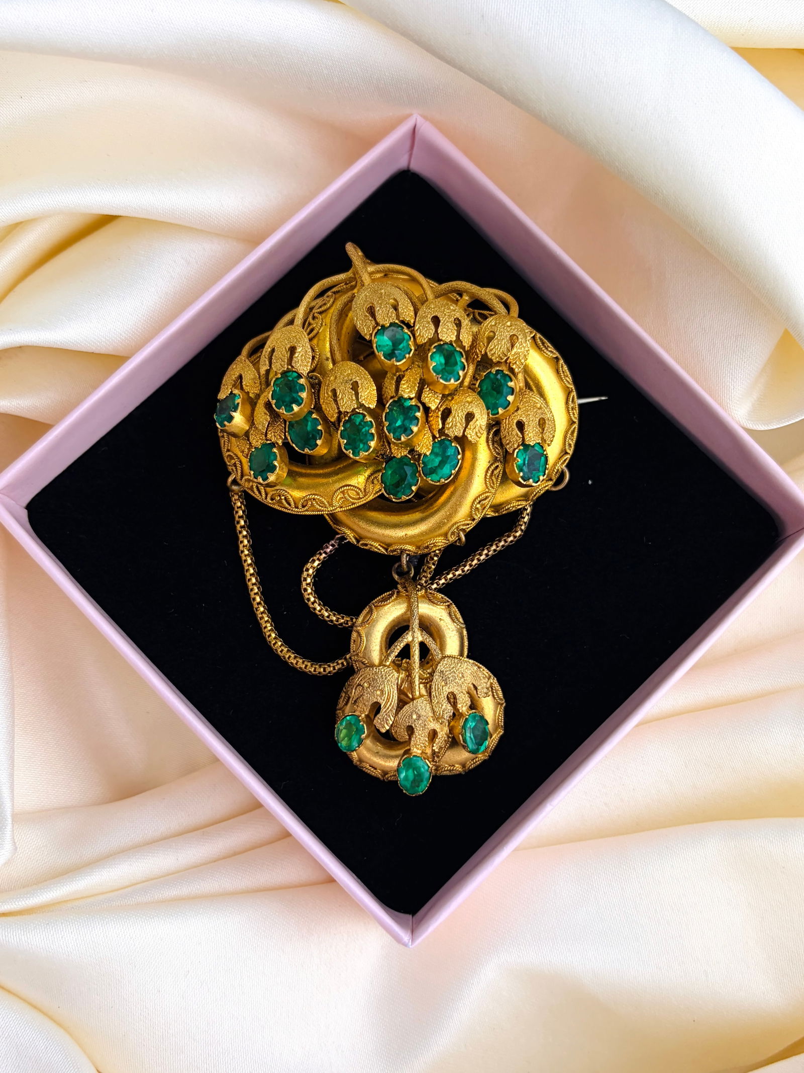 Fancy Extra Large Yellow Metal and Green Paste Brooch - 5