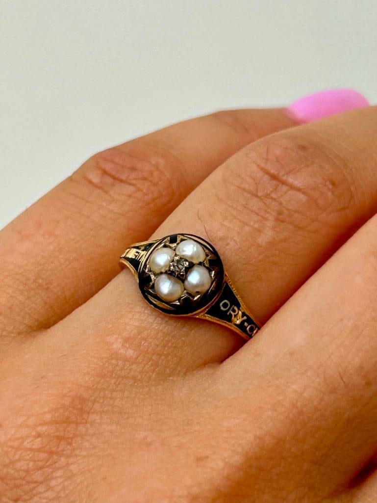 Antique 18ct Gold Black Enamel Pearl and Diamond Flower Mourning Ring - 7