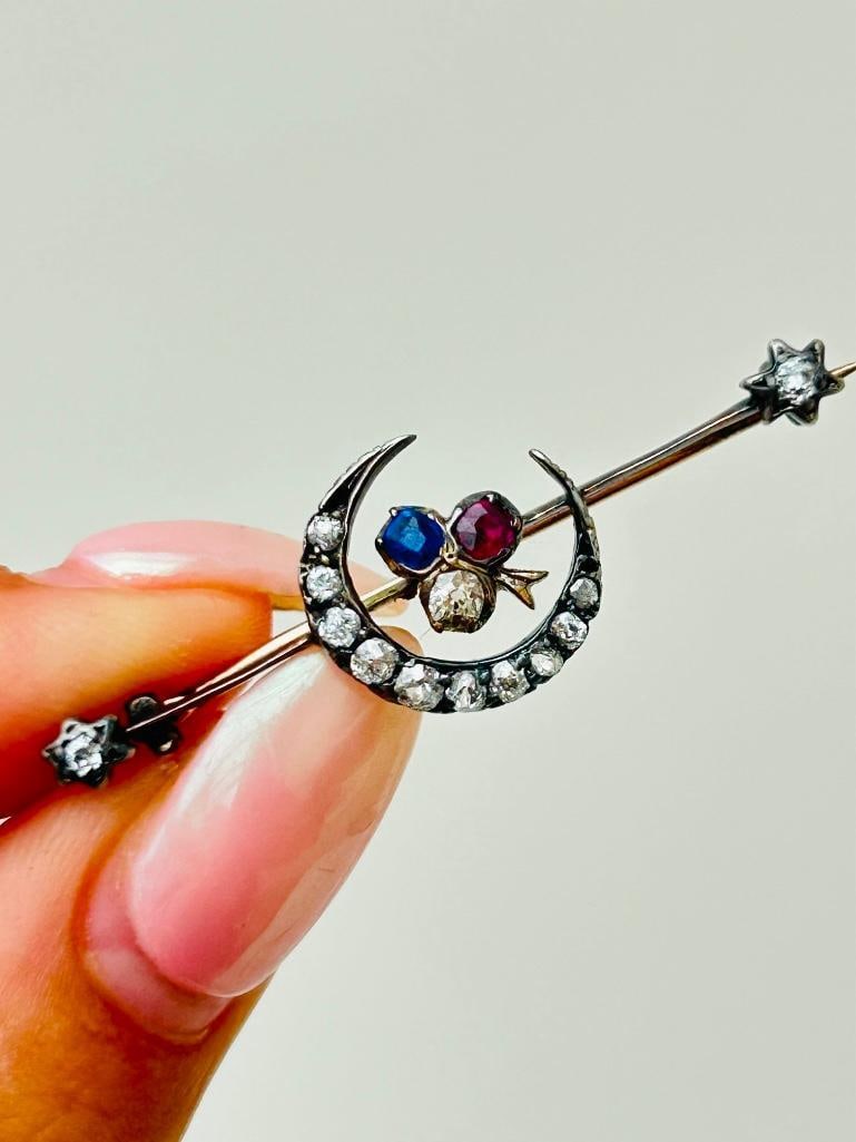 Antique diamond, sapphire and ruby crescent brooch - 2