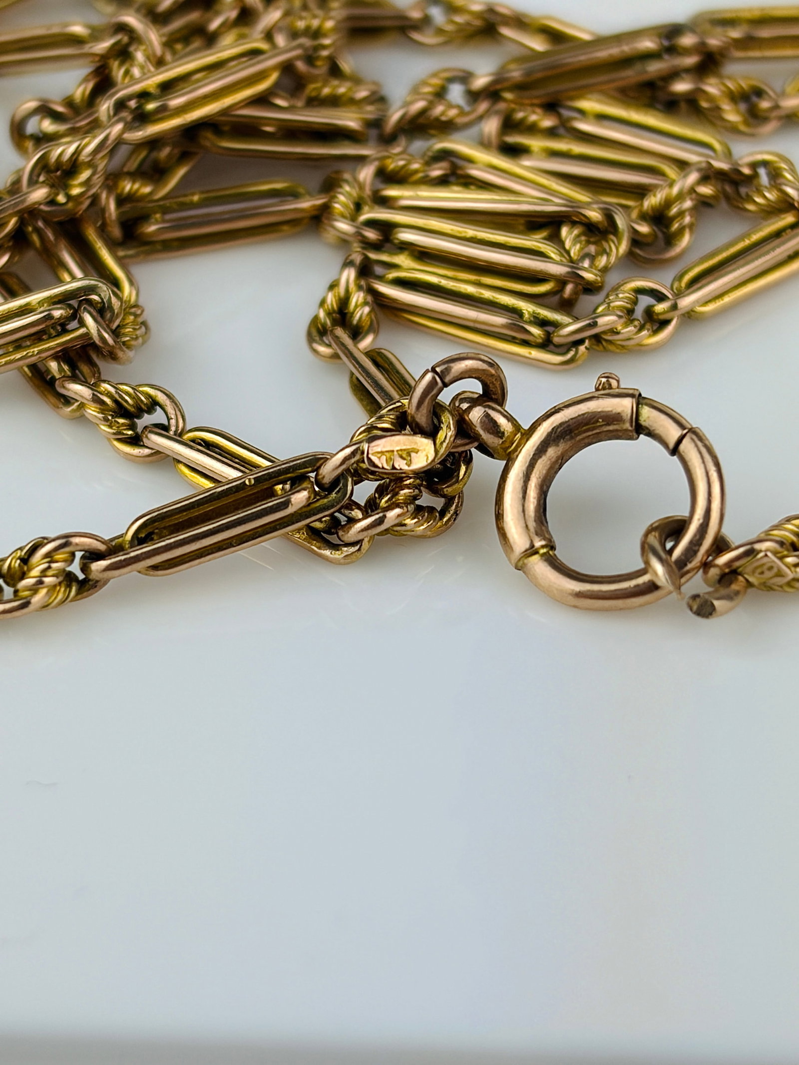 victorian era 9ct rose gold heavy long guard chain necklace - 4