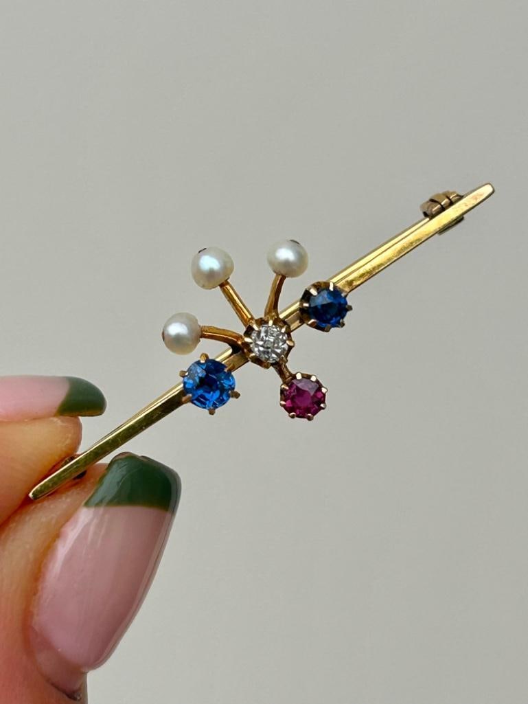 Antique Diamond Ruby Pearl and Sapphire Gold Bar Brooch: Antique Diamond Ruby Pearl and Sapphire Gold Bar Brooch so sweet measurements: Length 39mm width 13mm weight 2.43g stamped Diamond Ruby Pearl and Sapphire Gold
