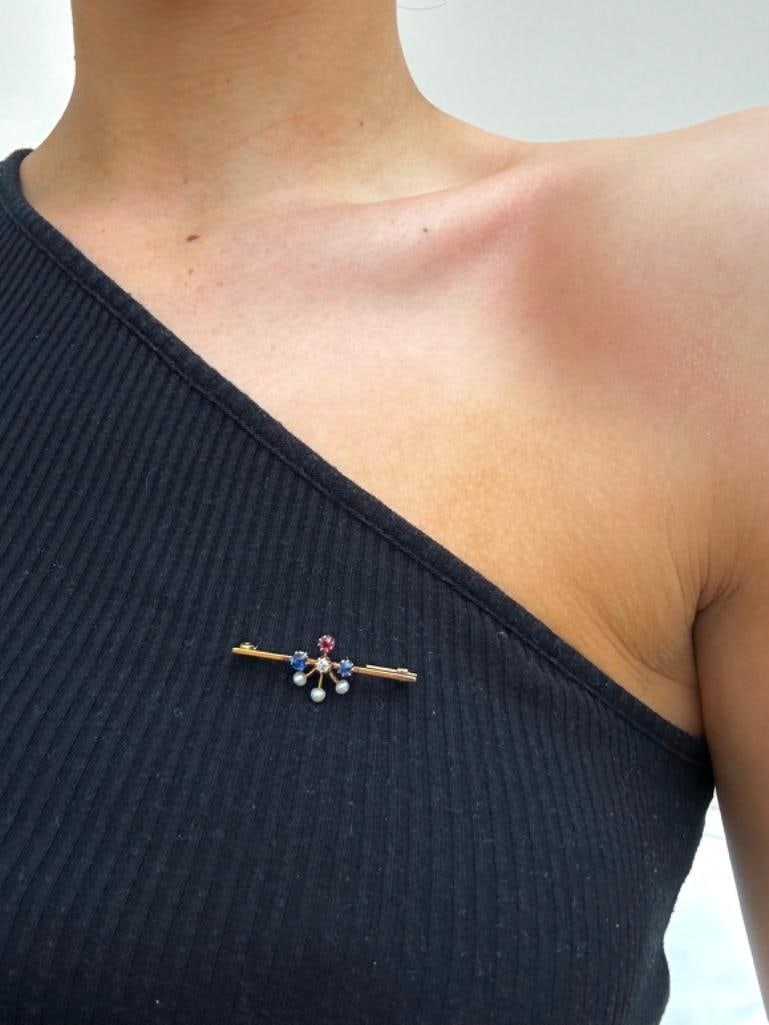 Antique Diamond Ruby Pearl and Sapphire Gold Bar Brooch - 2