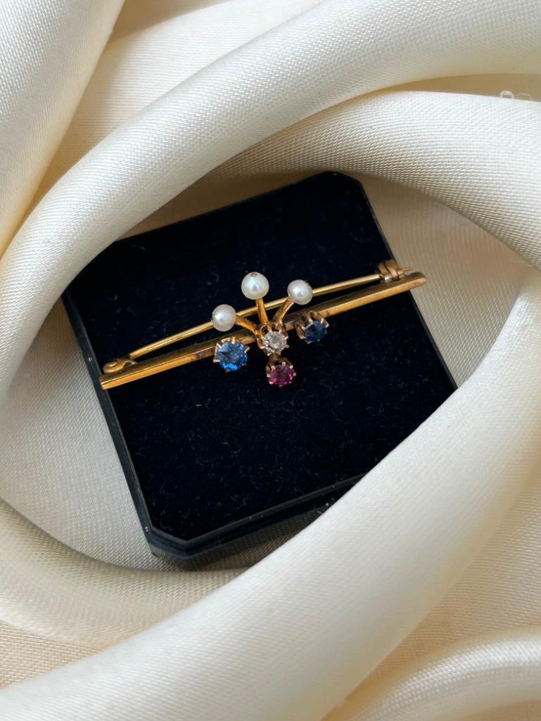 Antique Diamond Ruby Pearl and Sapphire Gold Bar Brooch - 3