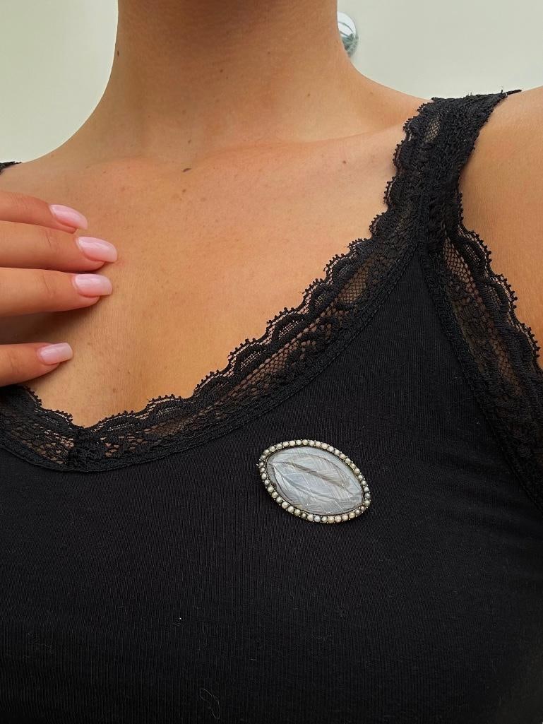 Large Antique Georgian Era Gold Locket Back Plaited Hair and Pearl Navette Brooch - 2