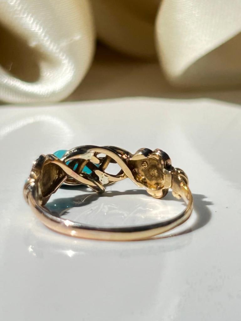 Antique Lovers Knot Hanging Heart Blue Enamel Ring in Yellow Gold - 7