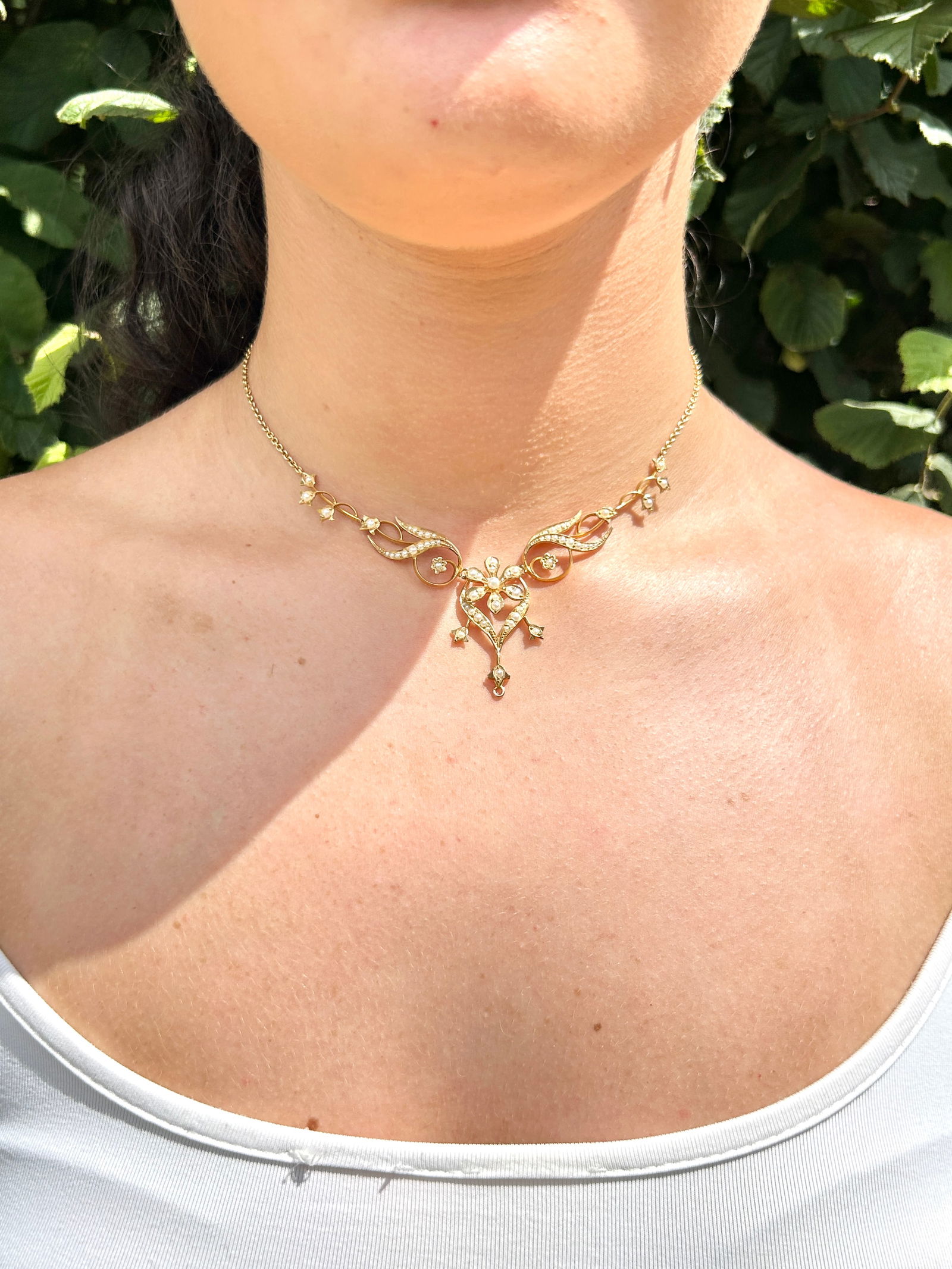 Antique boxed 15ct yellow gold pearl floral necklace - 8