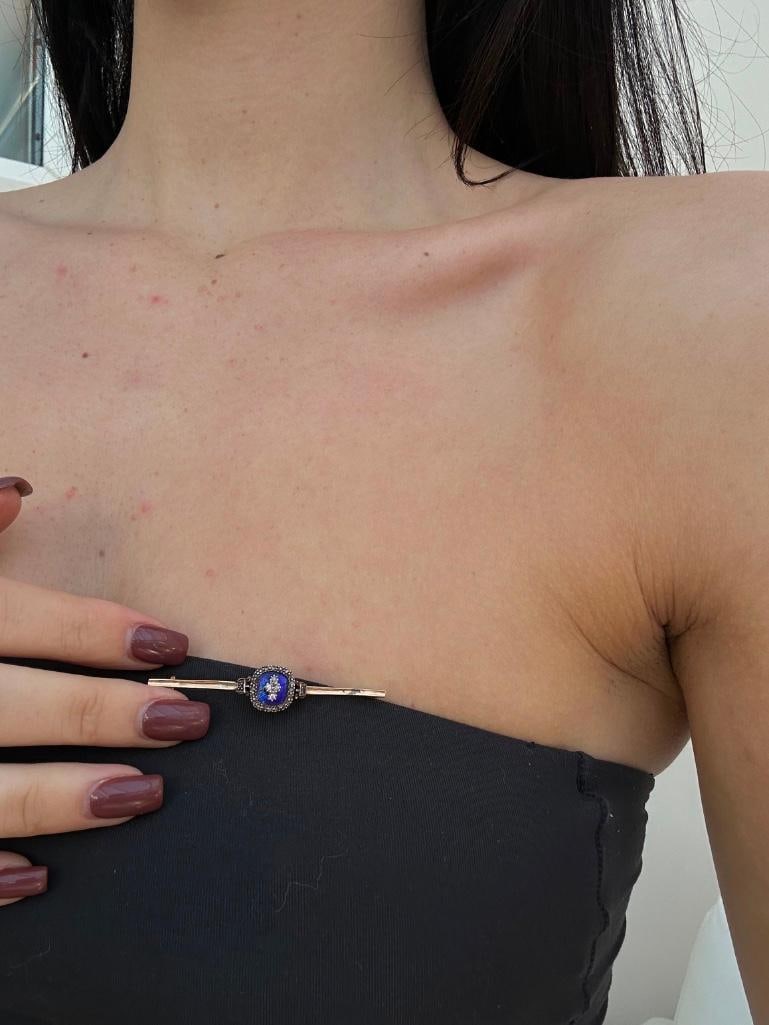 Antique Gold Blue Enamel and Diamond Bar Brooch - 2