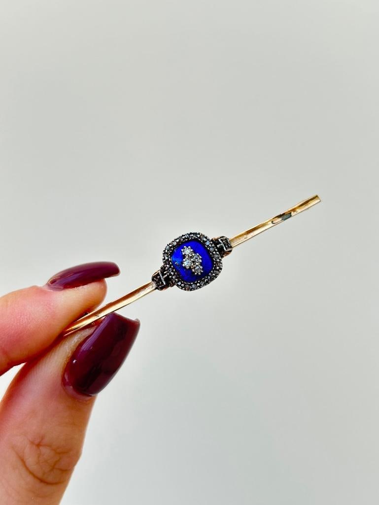 Antique Gold Blue Enamel and Diamond Bar Brooch - 3