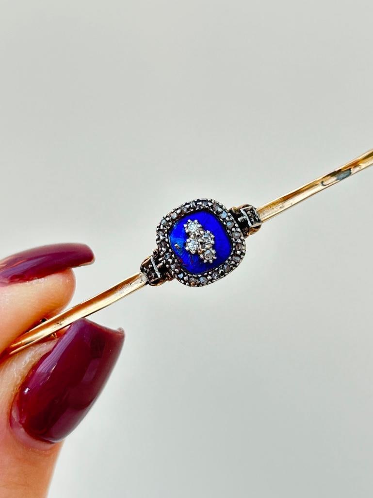 Antique Gold Blue Enamel and Diamond Bar Brooch - 7