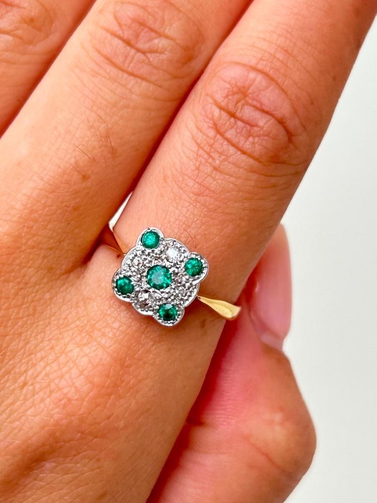 *Art Deco 18ct Gold Emerald and Diamond Square Panel Ring - 5
