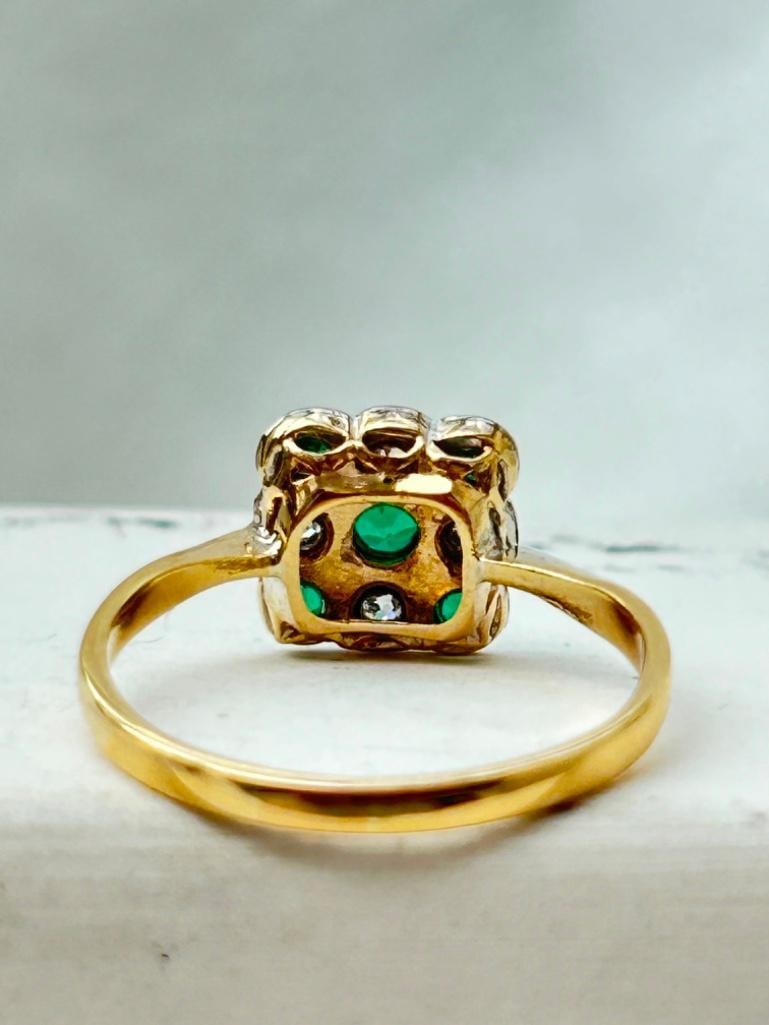 *Art Deco 18ct Gold Emerald and Diamond Square Panel Ring - 7