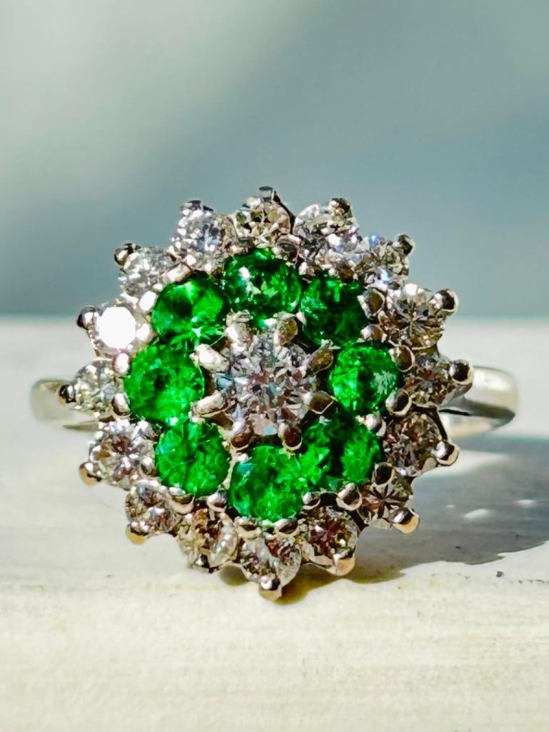 *Vintage 18 Carat White Gold Demantoid Garnet and Diamond Cluster Ring - 3