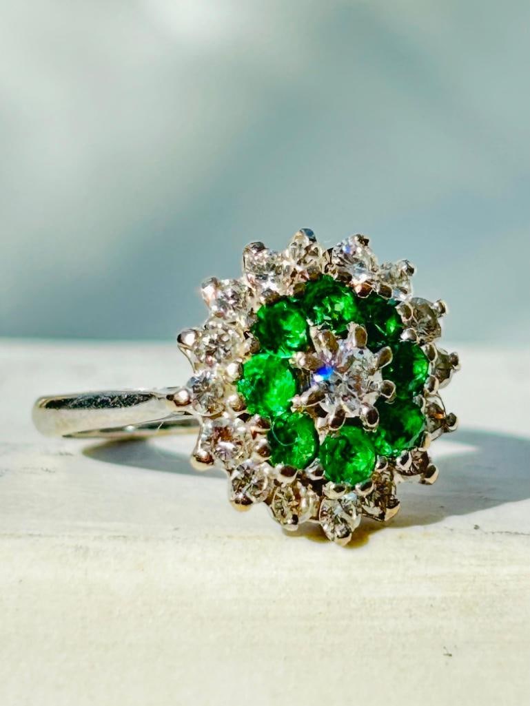 *Vintage 18 Carat White Gold Demantoid Garnet and Diamond Cluster Ring - 4