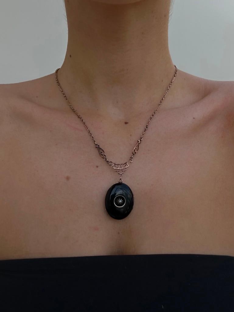 Antique Enamel and Pearl Locket Pendant on Gold Chain - 2