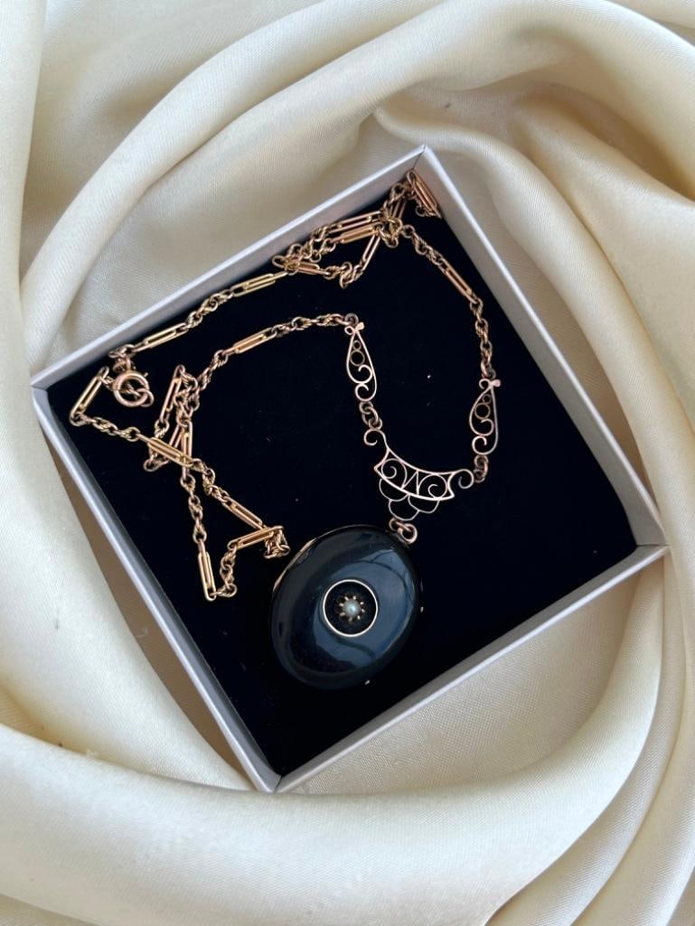 Antique Enamel and Pearl Locket Pendant on Gold Chain - 3