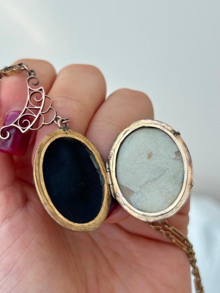 Antique Enamel and Pearl Locket Pendant on Gold Chain - 4