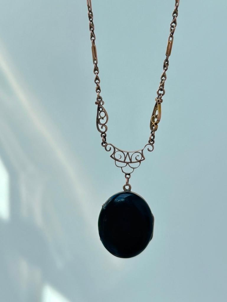 Antique Enamel and Pearl Locket Pendant on Gold Chain - 6