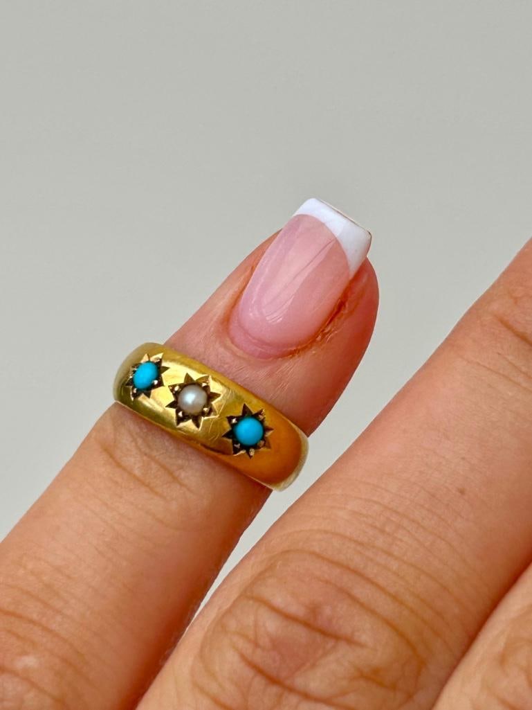 Antique C.1892 Turquoise and Pearl 18ct Gold Tiny Ring Size A - 2