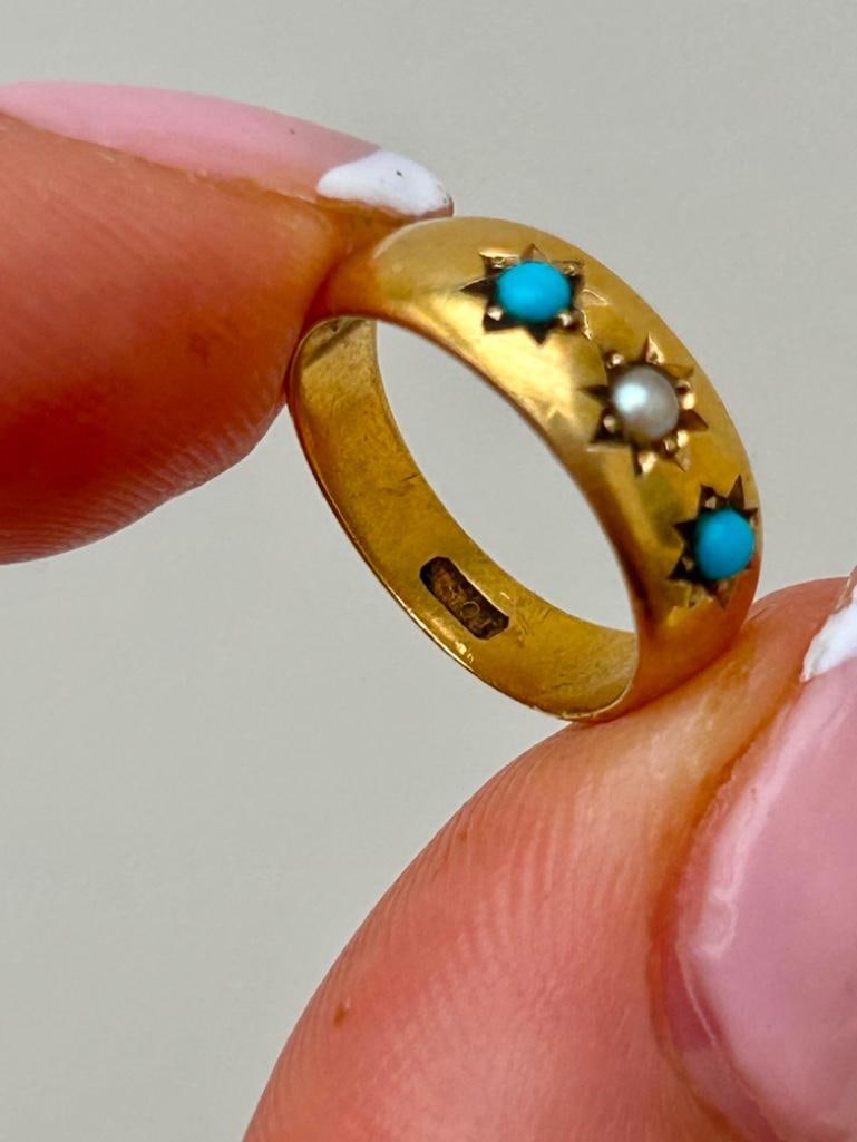 Antique C.1892 Turquoise and Pearl 18ct Gold Tiny Ring Size A - 4