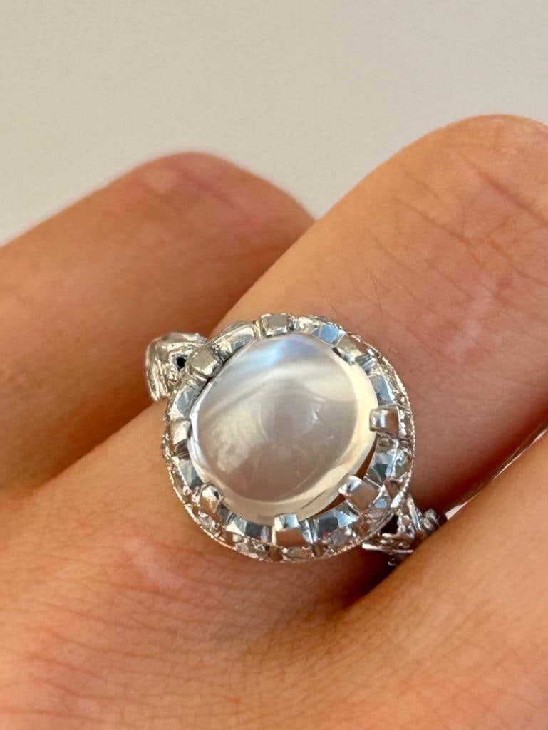 Cabochon Moonstone and Diamond White Gold Statement Ring - 2