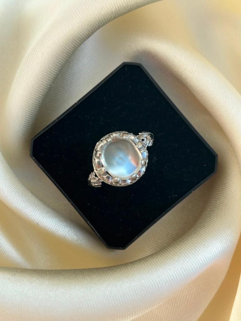 Cabochon Moonstone and Diamond White Gold Statement Ring - 4