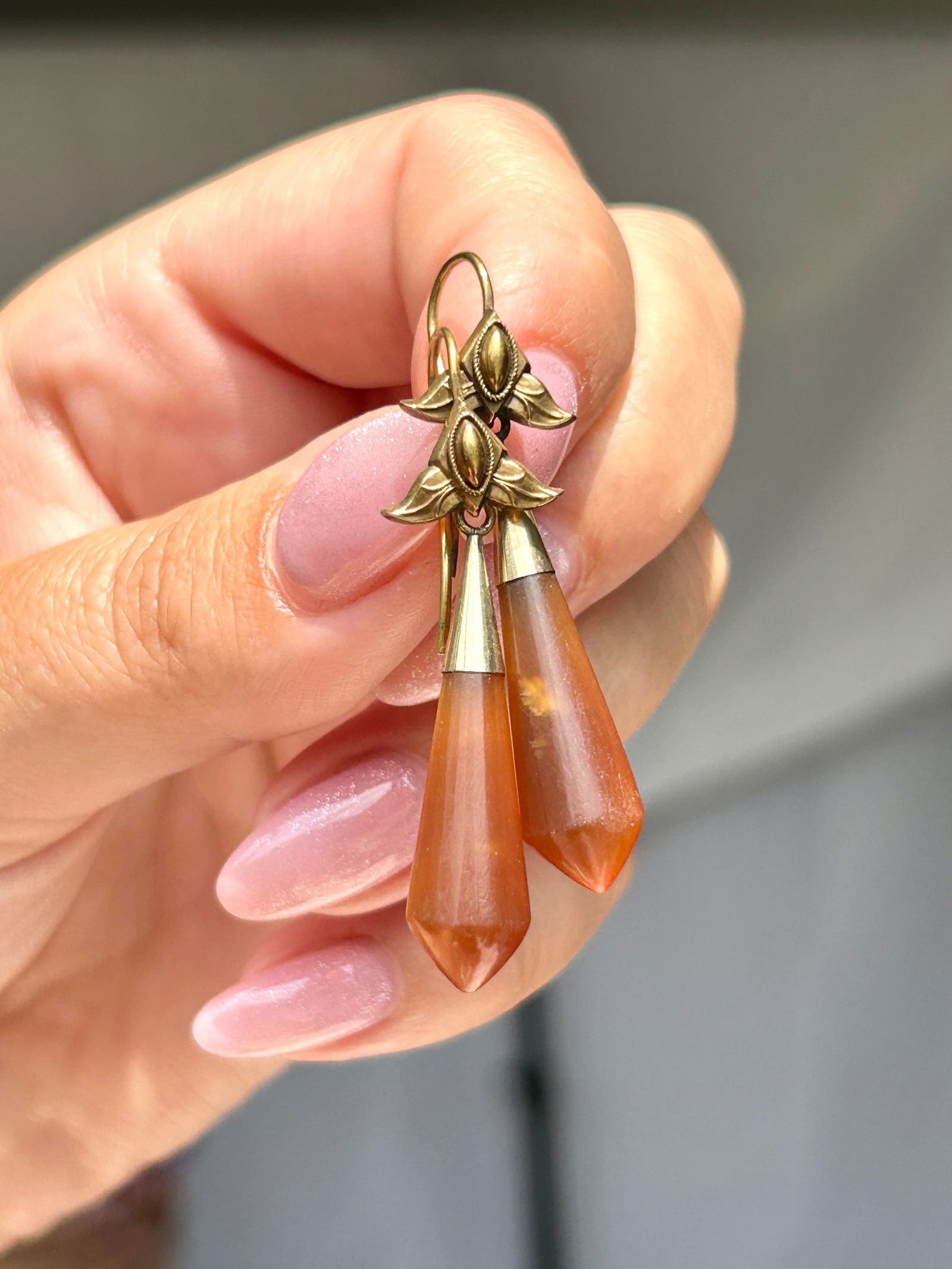 antique Day and night 18ct yellow gold carved drop earrings c 1880