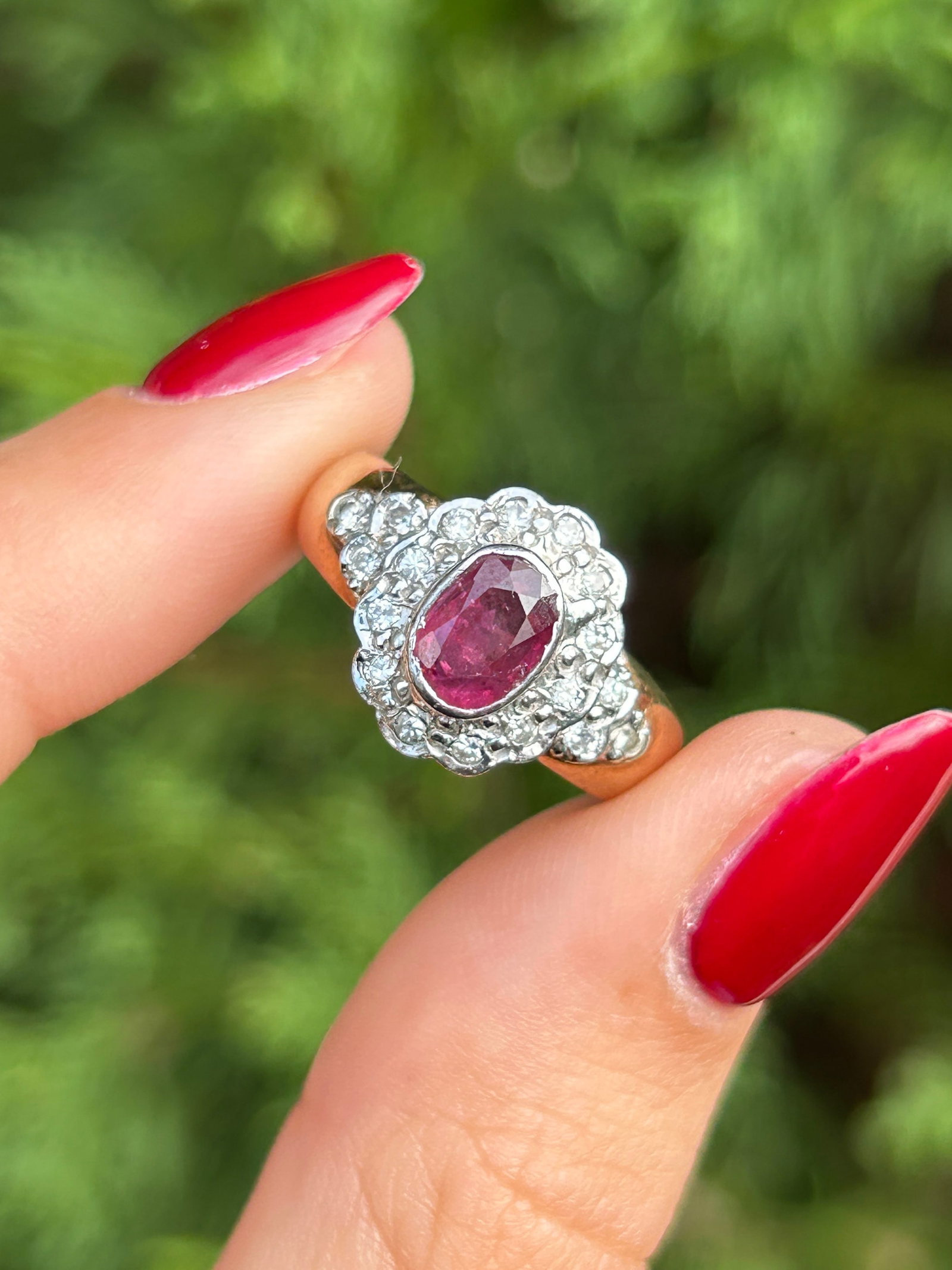 Chunky Vintage 9ct White and Yellow Gold Ruby and Diamond Cluster Ring - 10